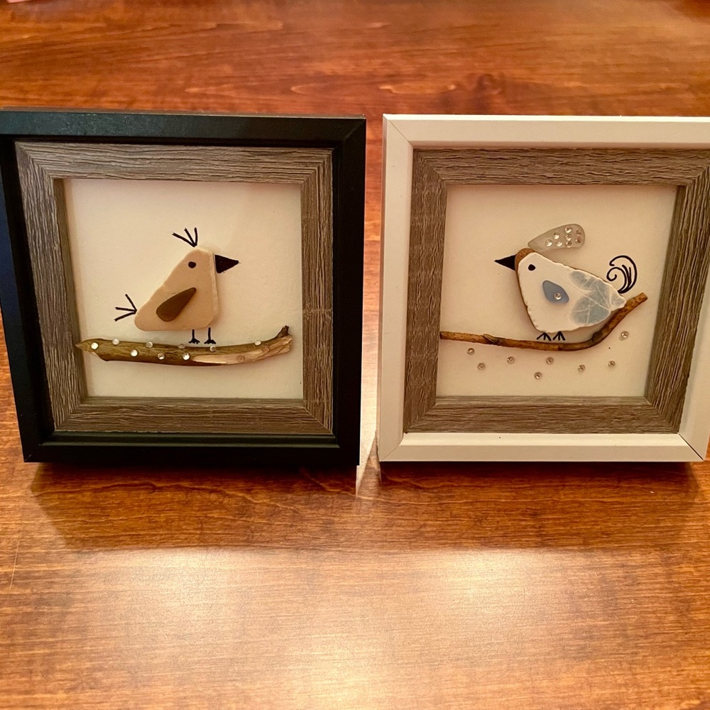 Genuine Ocean Sea Glass/Sea Pottery Bride & Groom Bird Art Set
